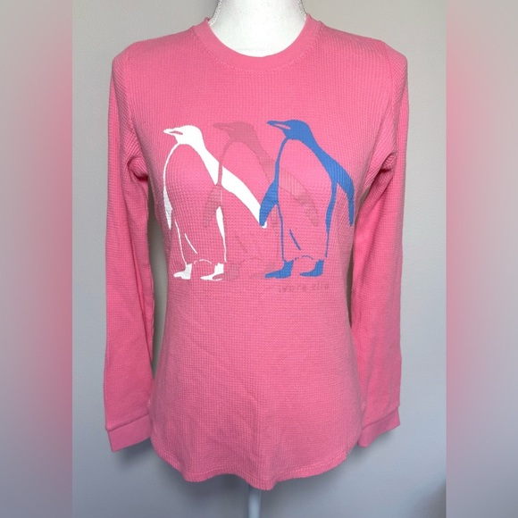 NWT ivory ella Penguin Parade Pink Long Sleeve Waffle Tee Women Small Cotton - Picture 2 of 7